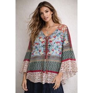Figueroa & Flower Blouse Womens M Multicolor Floral Patchwork Boho Cottagecore